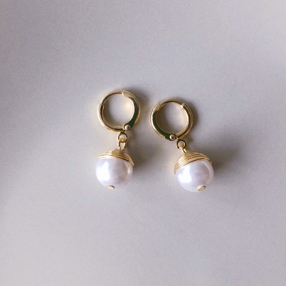 Gold Hoop Pearl Earrings - Picture 2 of 7